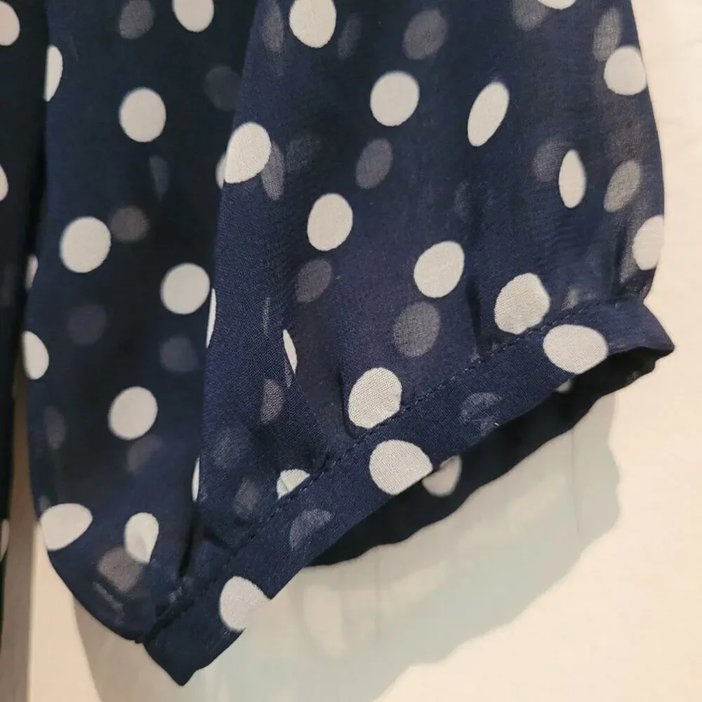 Georges Rech Paris Navy Polka Dot Midi Dress Quiet Luxury A-Line Ruffles Size 8 - Picture 3 of 11